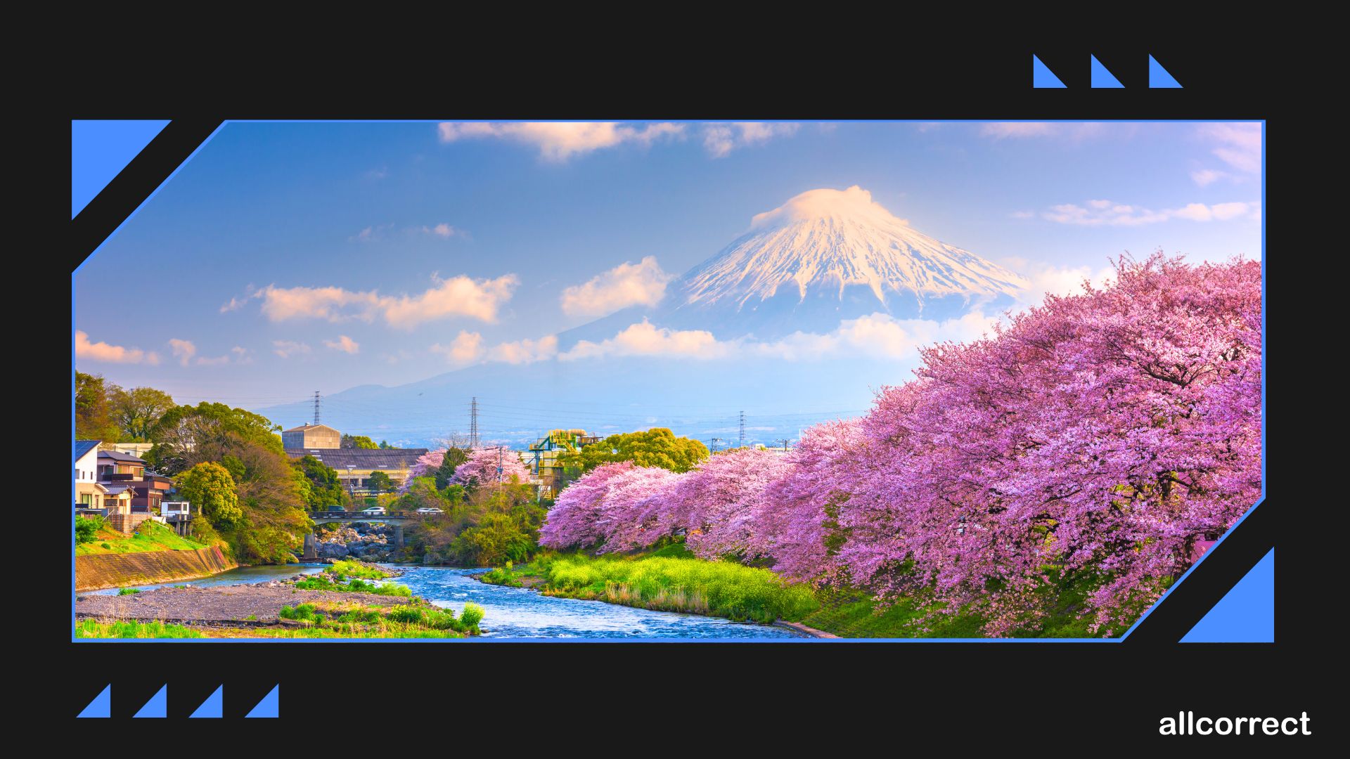 Scenic view of Mount Fuji with cherry blossom trees along a river, set against a bright sky, framed with geometric design elements and the 'Allcorrect' logo.