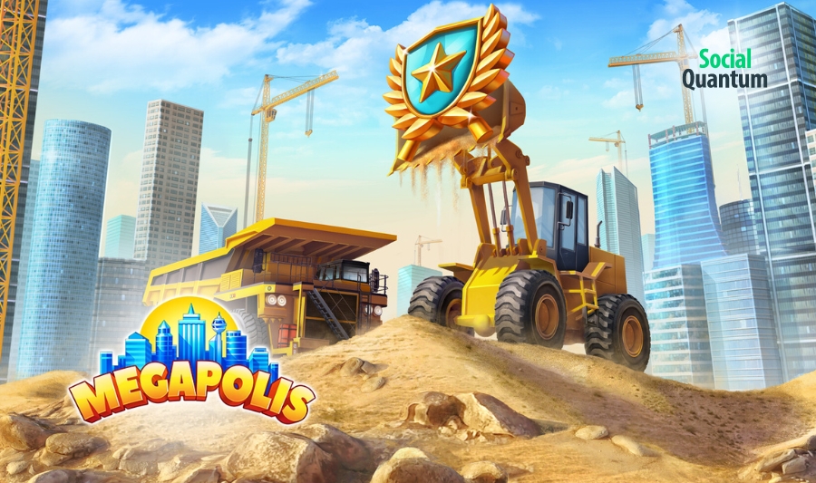 Construction site in Megapolis game with excavators and heavy machinery