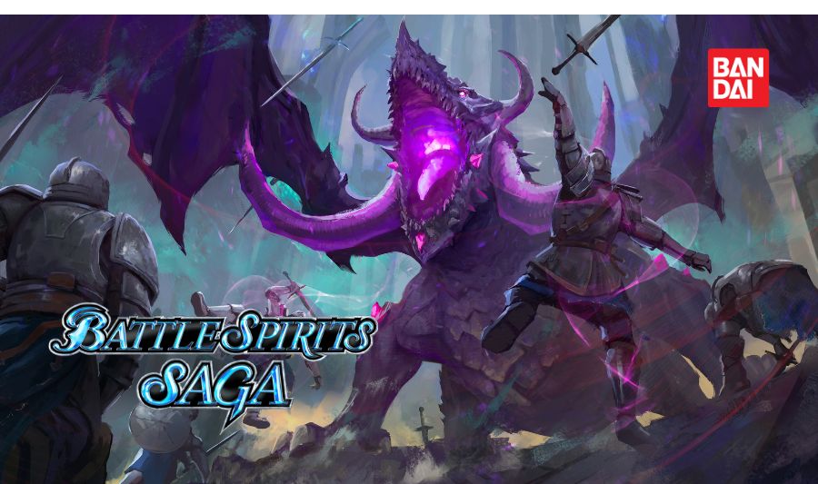 Epic battle scene from Battle Spirits Saga featuring armored knights fighting a powerful, glowing purple dragon.