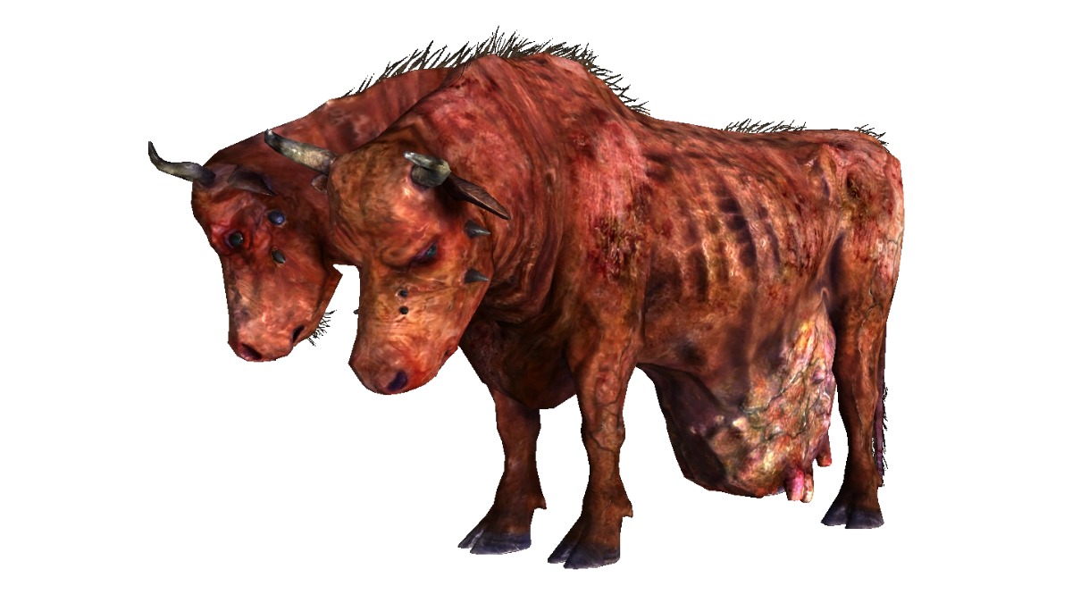 Mutant two-headed cow with a decayed appearance, showcasing eerie and unsettling creature design.