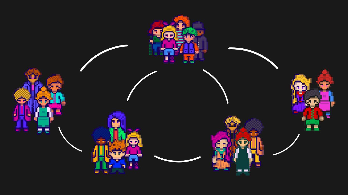 Pixel art characters organized in groups connected by curved white lines on a black background.