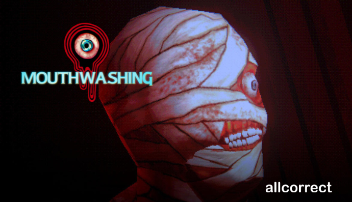 A creepy, bandaged character with a distorted face stares ahead in the dark. The "Mouthwashing" logo with a bleeding eye appears beside the character.