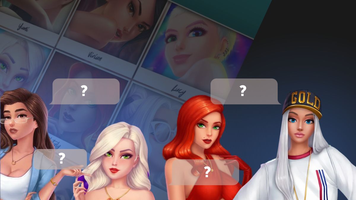 Illustration of four fashionable female characters with question marks over speech bubbles, set against a background of profile images, representing a dating puzzle game.