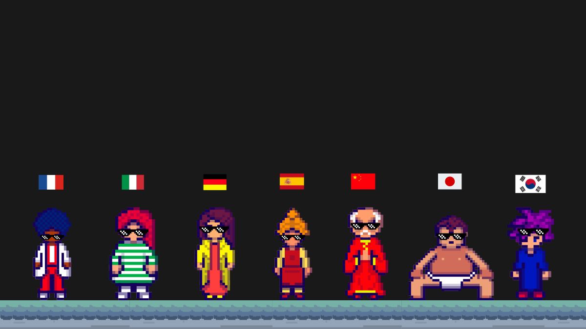 Pixel art characters dressed in various national costumes, representing different countries under their respective flags (France, Italy, Germany, Spain, China, Japan, South Korea), symbolizing localization