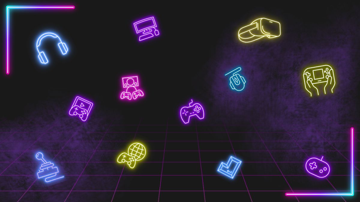 Neon-style icons of gaming devices, including consoles, controllers, and headsets, floating on a dark, grid-patterned background.