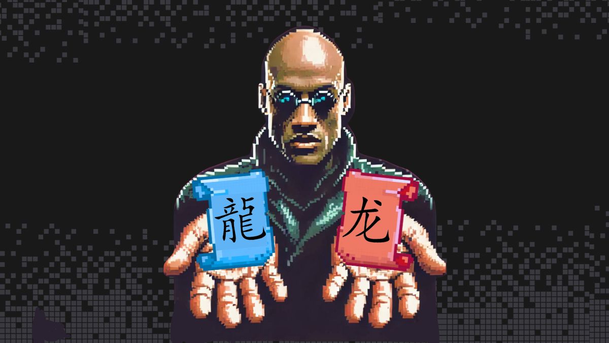 Pixel art of a character holding a blue and red scroll with Chinese characters, set against a dark digital background.