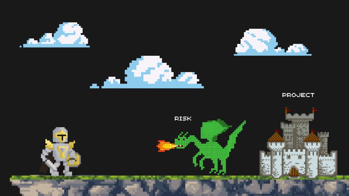 Pixel art of a knight facing a fire-breathing dragon labeled 'Risk,' with a castle labeled 'Project' in the background.