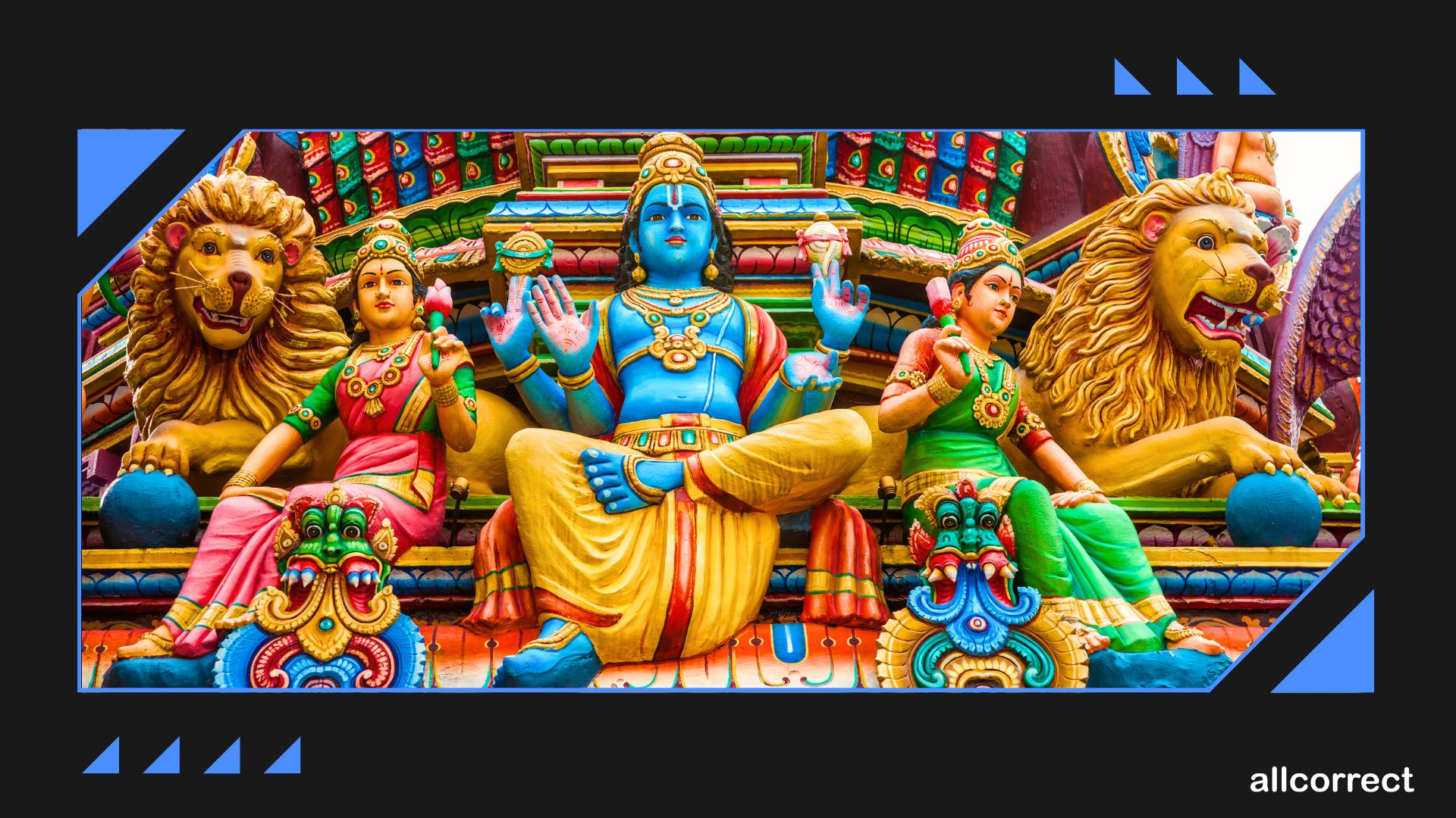 Colorful statues of Hindu deities and lions at an Indian temple, representing the vibrant culture and spirituality of India.