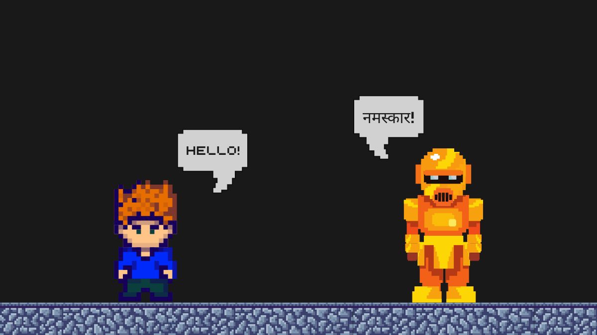 Pixel art of two characters – a human and a robot – greeting each other, with one saying 'Hello!' in English and the other replying 'नमस्कार!' in Hindi, representing machine translation.