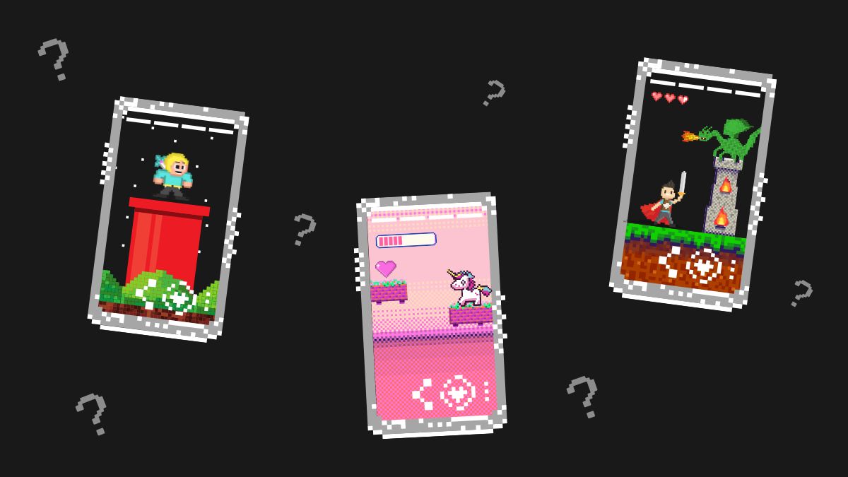 Pixel art of three mobile game screens featuring different characters and scenarios, with question marks in the background, representing market selection for mobile games.