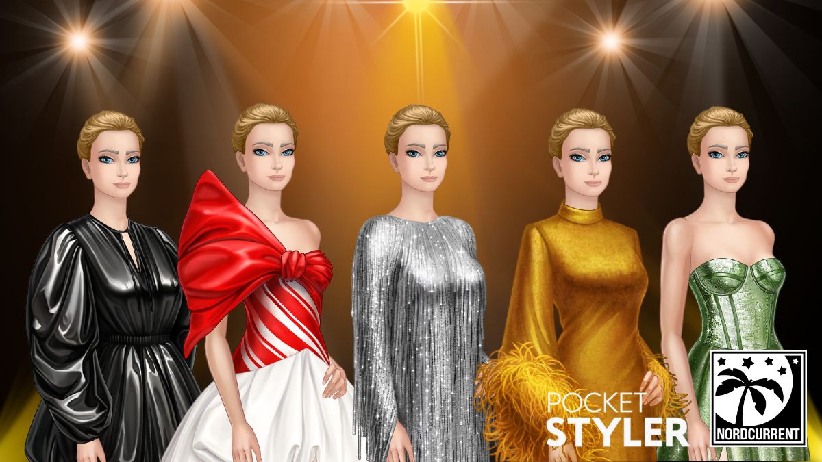 Stylized fashion models in glamorous outfits on a spotlighted runway, promoting the mobile game 'Pocket Styler' by Nordcurrent.