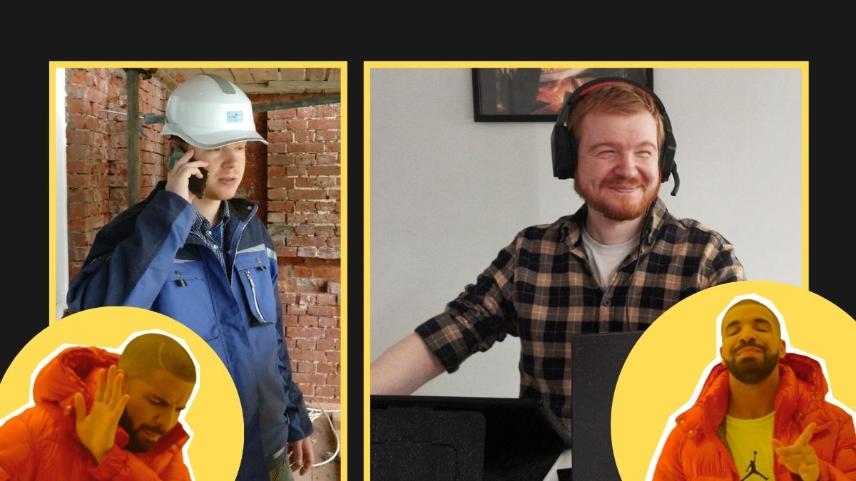 Meme-style image comparing a construction worker on a phone call to a smiling man working remotely with a headset, featuring the popular Drake 'no/yes' reaction.