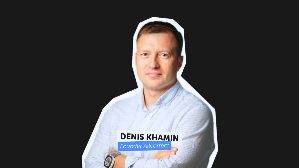 Portrait of Denis Khamin, Founder of Allcorrect, with a dark background and his name displayed in text below the image.