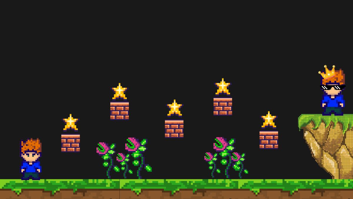 Pixel art of a character navigating a game level with stars and obstacles.