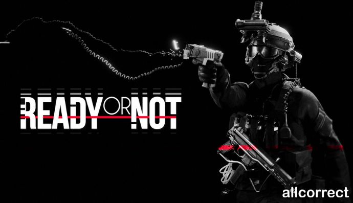 A tactical operator in full gear aims a pistol in the dark. The title "Ready or Not" is displayed next to the figure with a red line cutting through the text.