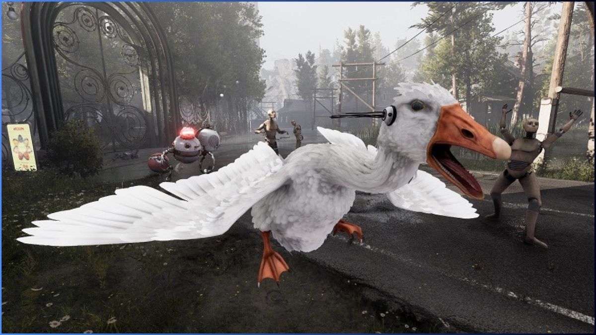 White goose in the Atomic Heart game world with robots and characters in the background.