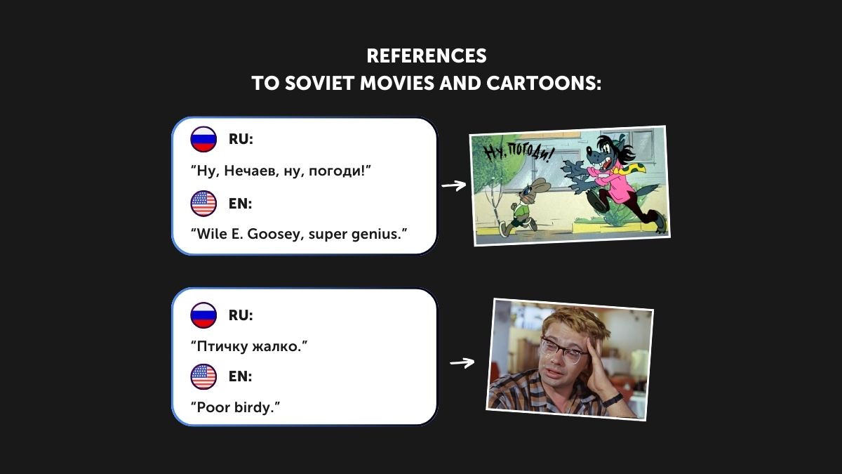 Goose from the game Atomic Heart with examples of its phrases in English and Russian versions