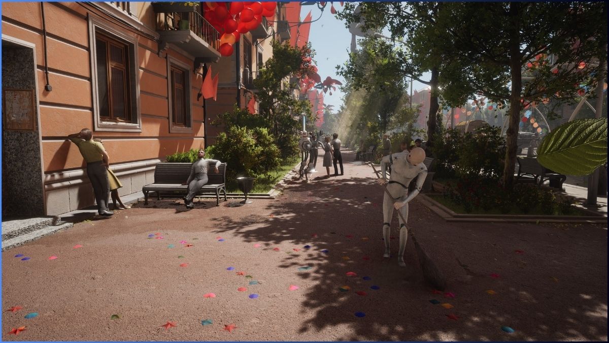 Scene from Atomic Heart, showing citizens and robots in a Soviet-inspired town square with red decorations.