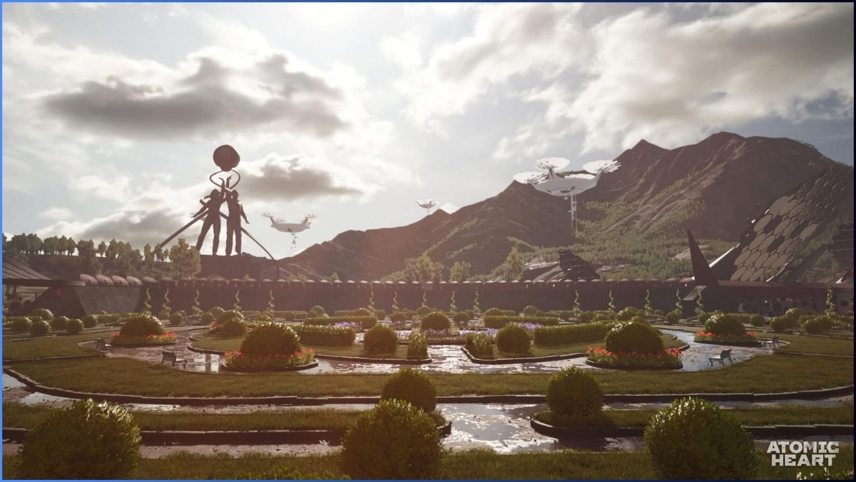 Garden scene in Atomic Heart with mountainous background and futuristic flying machines.