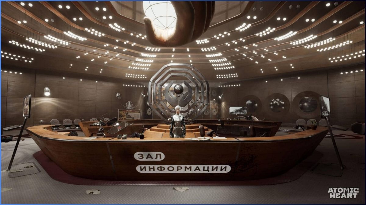 Information hall in Atomic Heart with a retro-futuristic design, featuring a receptionist robot.