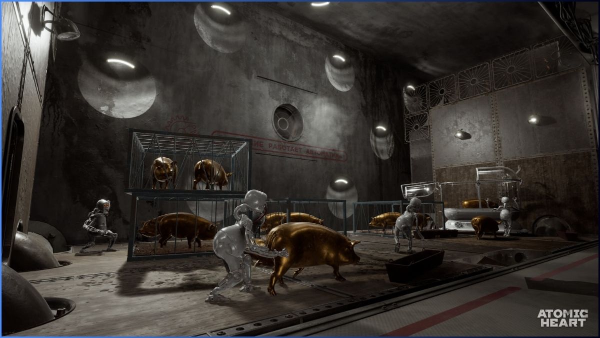 Laboratory scene with gold-colored pigs and robots in Atomic Heart.