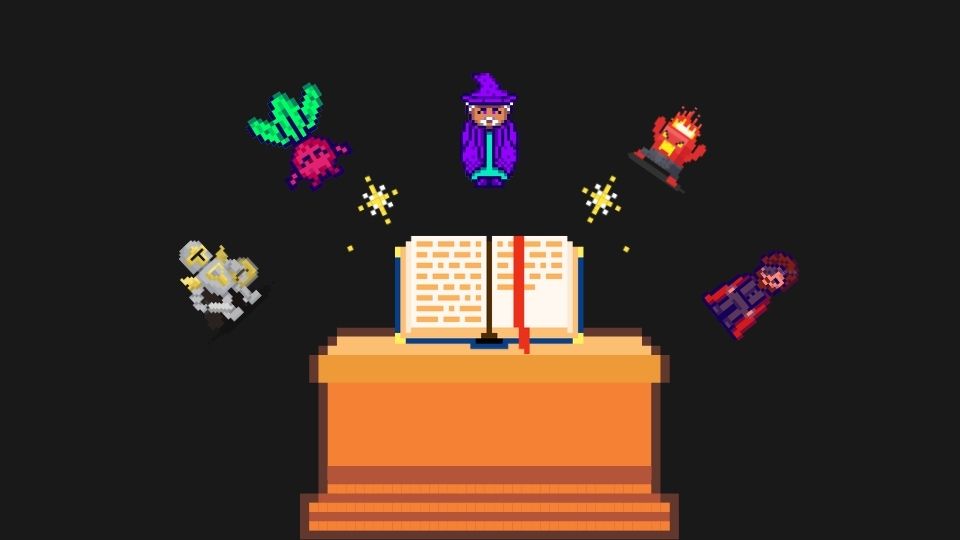 Pixel art featuring a magic book on a pedestal surrounded by colorful characters: a wizard, a knight, a turnip, a fireball creature, and a bearded man.