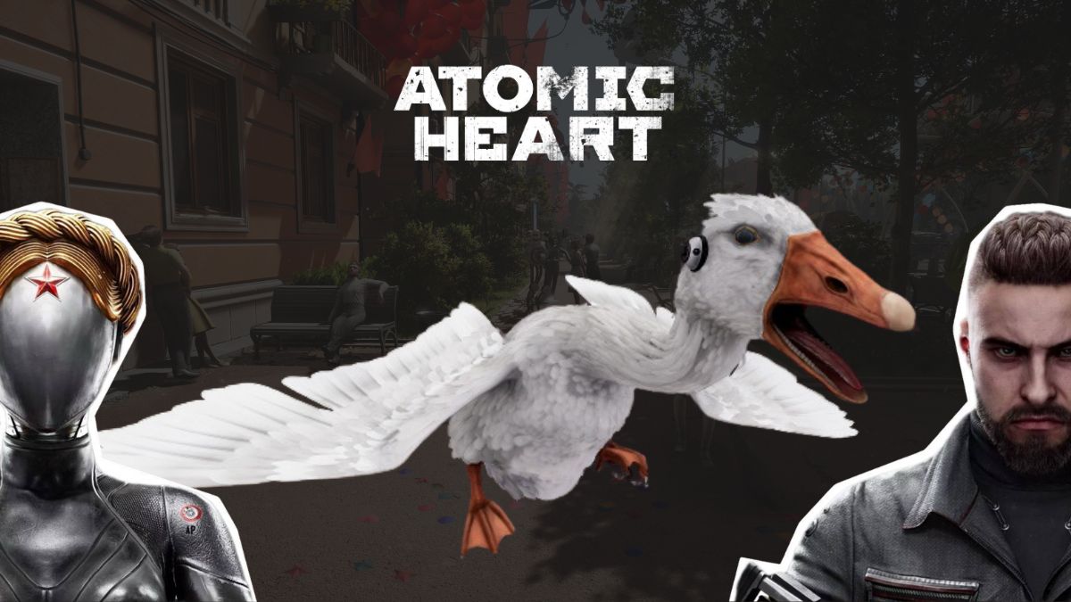 Key characters from Atomic Heart, including a mechanical goose, set against a dystopian cityscape."