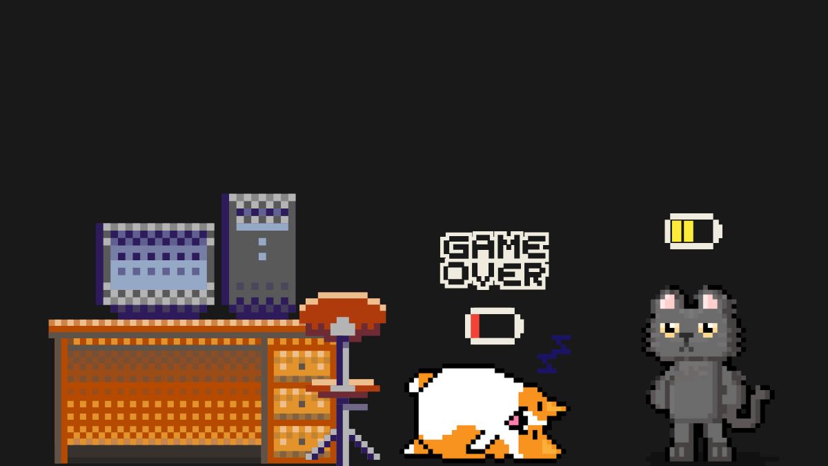 Pixel-art style picture. It shows 2 cats. One of them is lying on the floor with a red dead battery and the inscription “Game over” above him. The second cat is standing next to him, he has tired eyes and his battery above him is lit yellow.