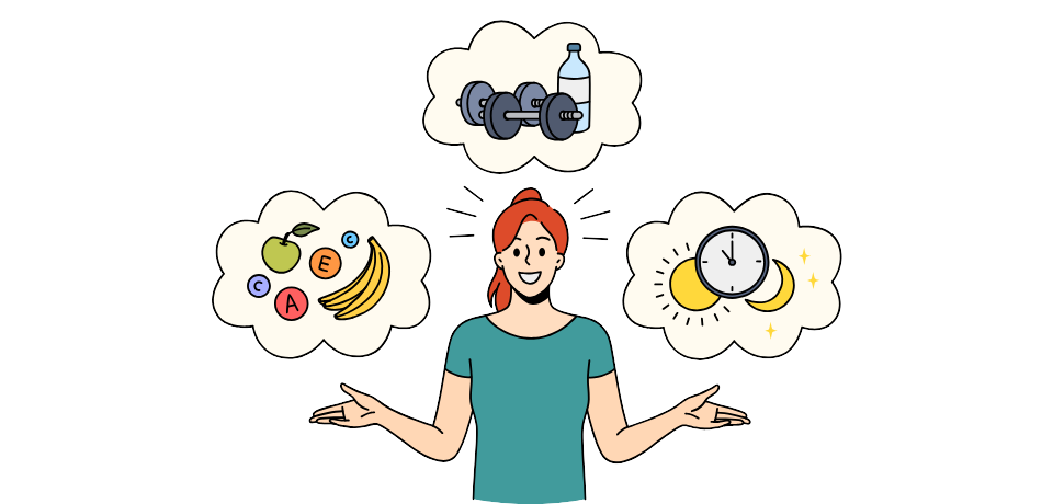 A girl stands surrounded by 3 pop-up clouds. The first one shows fruits and healthy food, the second one shows dumbbells and water, the third one shows alarm clock, sun and moon 