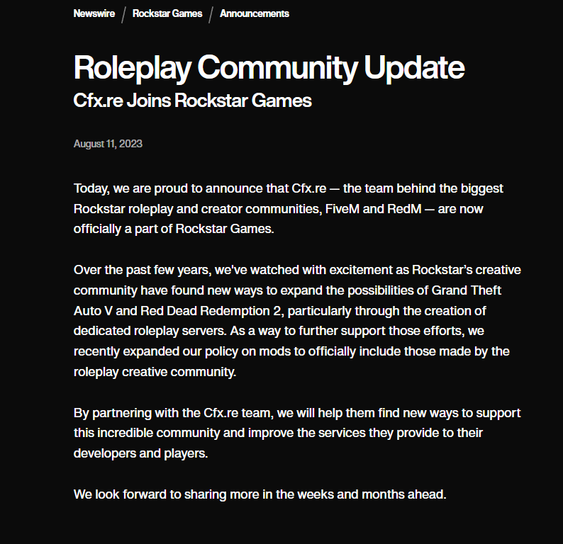 News announcement that Cfx.re joins Rockstar Games