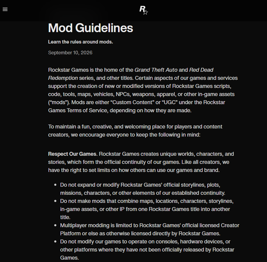 Rockstar Newswire page about the rules for roleplay servers